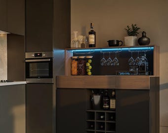 Handmade Dark Walnut Wine Bar Cabinet with LED Lights, Drawers and Charging Station