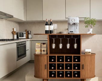 Handmade Walnut Oval Wine Bar Cabinet with Tambour Doors Bottle Racks Glass Holders