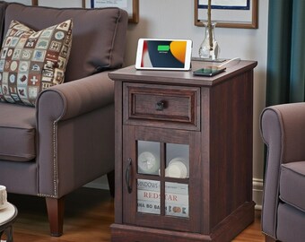 Farmhouse End Table Charging Station Drawer Glass Door Nightstand USB Outlet