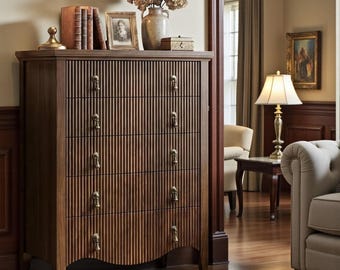 Tall Fluted 5 Drawer Dresser Vintage Dark Brown Chest Storage Cabinet