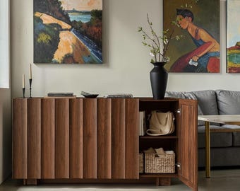 Fluted Sideboard Buffet Cabinet Walnut Mid Century Modern Credenza Storage Accent Furniture Home