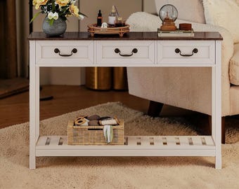 Farmhouse Console Table With Drawers Narrow Entryway Sofa Table Storage Shelf White Brown