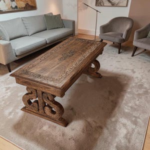 Handcrafted Mango Wood Coffee Table Rustic Carved Farmhouse Living Room Furniture