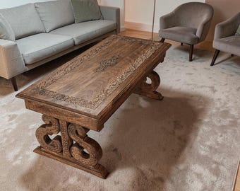 Handcrafted Mango Wood Coffee Table Rustic Carved Farmhouse Living Room Furniture