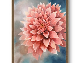 Oryginalny obraz dalii na płótnie, różowy kwiatowy motyw ścienny, teksturowany akrylowy kwiat, romantyczne dzieło botaniczne, oryginalne dzieło sztuki 16x20