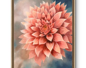 Oryginalny obraz dalii na płótnie, różowy kwiatowy motyw ścienny, teksturowany akrylowy kwiat, romantyczne dzieło botaniczne, oryginalne dzieło sztuki 16x20