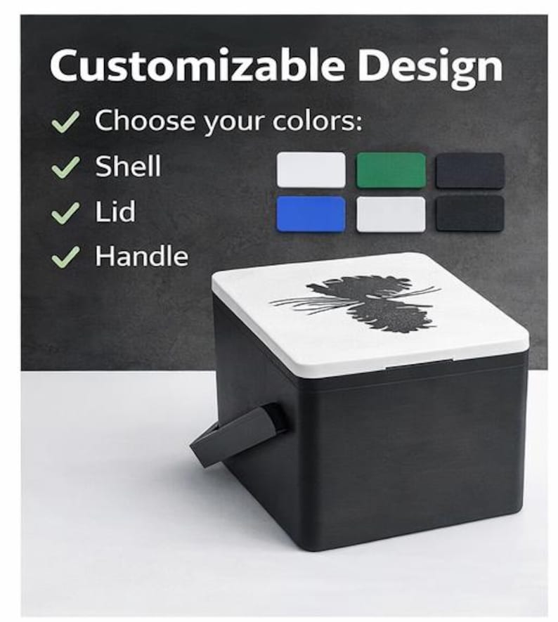 May include: A black cooler with a white lid featuring a black pinecone design. The cooler has a black handle and the text "Customizable Design" is visible. The image also shows color options for the shell, lid, and handle.