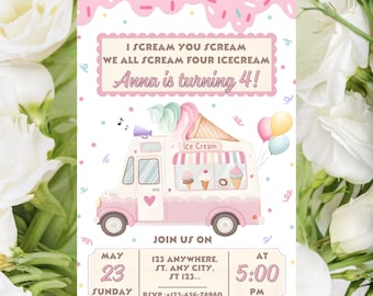 Mall för inbjudan till 4-årsdag för glassbil, REDIGERINGSBAR Flicka Jag skriker Du skriker Vi skriker alla Fyra Glassfestinbjudan, utskrivbar