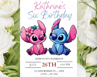 Födelsedagsinbjudan till Stitch | Redigerbar och utskrivbar mall | Söt festinbjudan till Stitch | Canva-mall | Direktnedladdning