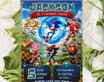 Sonic födelsedagsinbjudan för barnkalas, Sonic the Hedgehog pojkars festinbjudan, redigerbar Sonic 3 flickors födelsedagsinbjudan, direktnedladdning