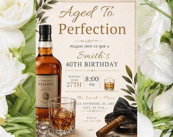 Inbjudan till födelsedag "Åldrad till perfektion", herrfödelsedagsinbjudan, whiskytema, 40-års-, 50-års-, 60-årsdag, redigerbar vuxenfödelsedagsmall Canva