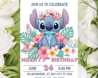 Födelsedagsinbjudan till Stitch | Redigerbar och utskrivbar mall | Söt festinbjudan till Stitch | Canva-mall | Direktnedladdning