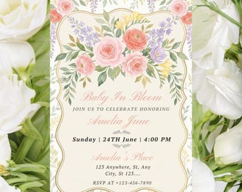 Inbjudan till babyshower med vilda blommor, inbjudan till lilarosa blommor, inbjudan till vilda blommor, inbjudan till babybrunch med blommönster