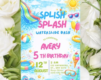 Vattenrutschkana Födelsedagsinbjudan Sommarpoolfest Födelsedagsinbjudan Flicka Rosa Vattenrutschkana Splash Splash Bash Vattenpark Enhörning