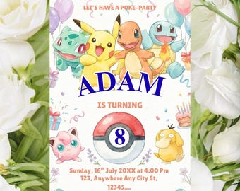 Inbjudan till Pokémon-födelsedagsfest: Mall för akvarell Pikachu-inbjudan (digital nedladdning för utskrift)