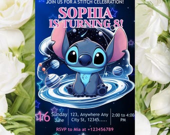 Födelsedagsinbjudan till Stitch | Redigerbar och utskrivbar mall | Söt festinbjudan till Stitch | Canva-mall | Direktnedladdning
