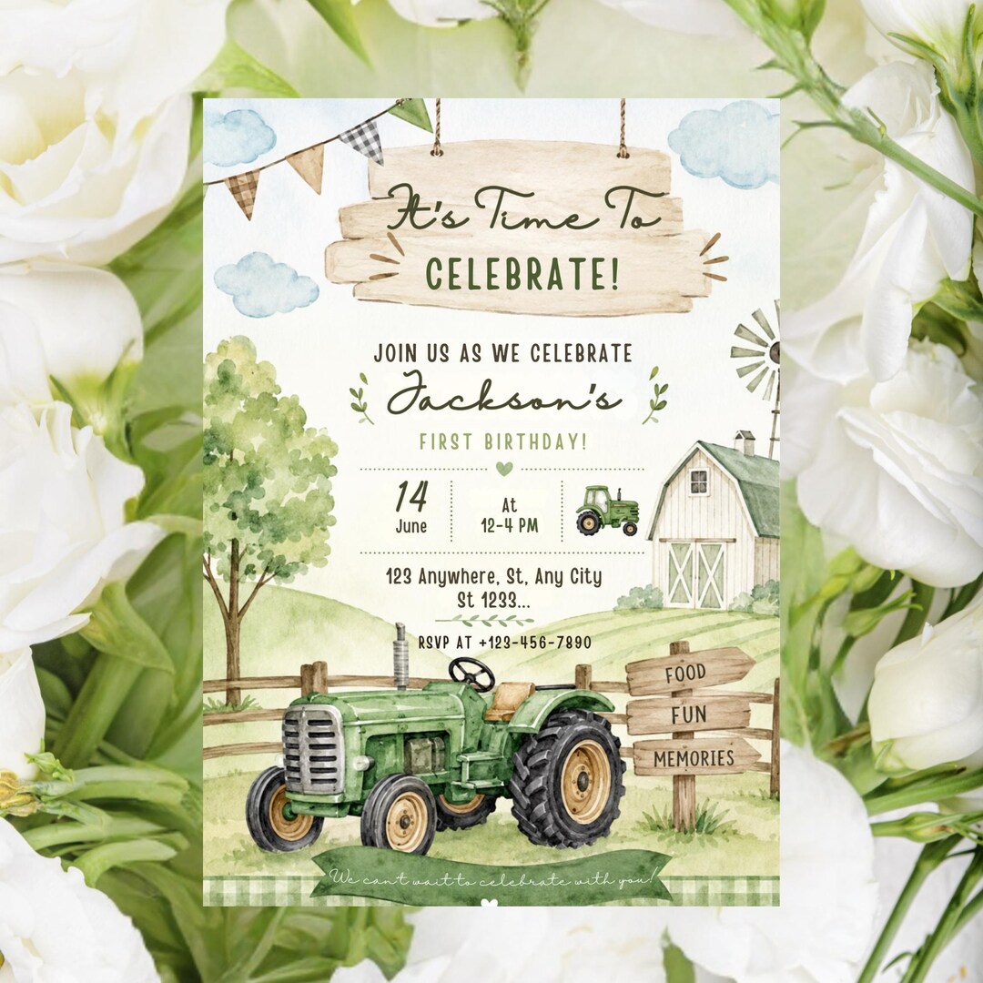 Editable Green Tractor Birthday Invitation, Any Age: Farm Animals Party ...