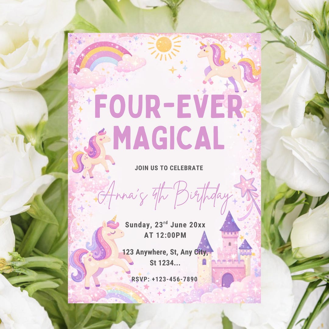 Unicorn 4th Birthday Invitation Canva, Four Ever Magical Rainbow Party ...