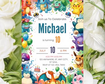 Födelsedagsinbjudan Pokémon direktnedladdning digital inbjudan Pokémon-korttema inbjudan för födelsedagsfest, canvas digital nedladdning