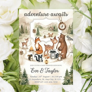 May include: A baby shower invitation with a watercolor forest theme. The invitation features woodland animals, a compass, and the text "adventure awaits." Details include the names Eve & Taylor, date, time, and RSVP information.