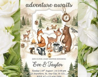 Inbjudan till babyshower i skogen, äventyr i skogen väntar, inbjudan till babysaker, inbjudan till skogsdjur, babyshower i skogen