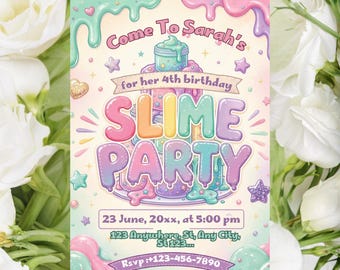 Redigerbar slemfödelsedagsinbjudan, neonljus slemfestinbjudan, barns slemfödelsedagsfest, 6-årsdags slemtemainbjudan, Canva 5x7