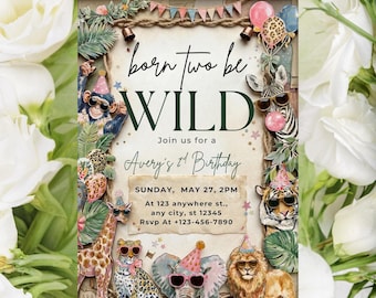 Inbjudan till Two Wild andra födelsedag, Safari 2-årsdagsinbjudan, Born Two be Wild inbjudan, Flicka djungelfödelsedag, Safari djur bohemiska blommor