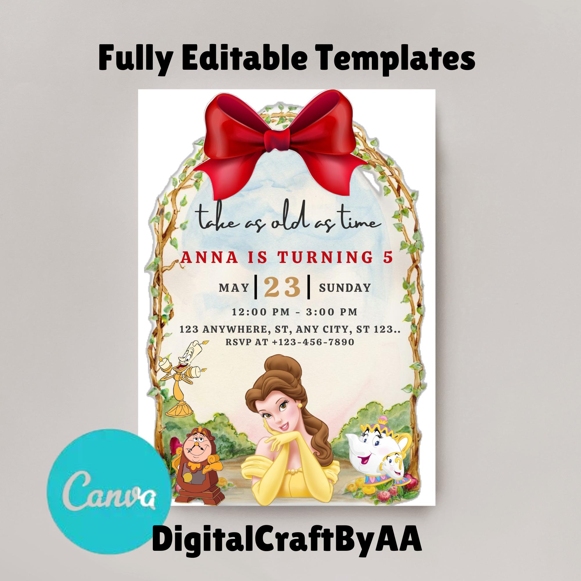 Belle Invitation Princess Belle Birthday Invitation Belle Party Beauty ...