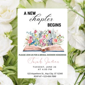 May include: Bridal shower invitation with floral and butterfly illustrations. The invitation reads "A New Chapter Begins" and includes the name "Tarah James", date, time, and RSVP information. The background features white flowers.