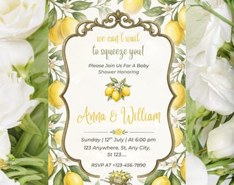 Inbjudan till babyshower med citronmotiv, vi längtar efter att få klämma på dig, könsneutral citrus babyshowerinbjudan, redigerbar Canvas-mall