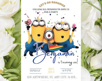 Minions födelsedagsinbjudan, redigerbar Minion-festinbjudan, Canva-mall för barn (digital nedladdning)
