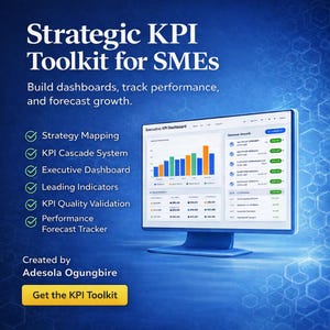 Può includere: Un monitor di computer blu mostra una dashboard con grafici a barre e dati, parte di un "Strategic KPI Toolkit for SMEs". L'immagine include testo sulla creazione di dashboard, il monitoraggio delle prestazioni e la previsione della crescita. Creato da Adesola Ogungbire.