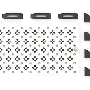 May include: A collection of metalworking tools and accessories, including a perforated plate, clamps, wedges, and screws. The items are arranged on a white surface, showcasing a variety of shapes and sizes. The tools are primarily black and silver.