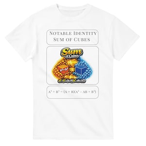 Peut inclure: T-shirt blanc avec l'inscription "NOTABLE IDENTITY SUM OF CUBES". Le t-shirt présente un graphique de la formule "Somme des Cubes", avec un cube et une sphère. La formule a³ + b³ = (a + b)(a² - ab + b²) est également imprimée.