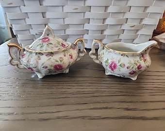 Vintage Lefton China Japan Sugar Bowl & Creamer Set Pink Roses Gold Trim, Foot