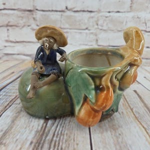 Vintage Shiwan Mudman Art Pottery Plant Pot Sculpture Figure Asian Drip Glaze!