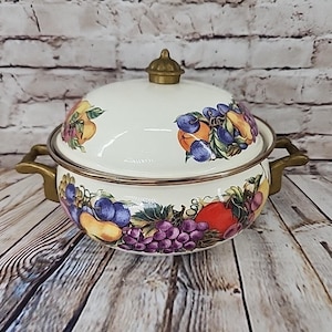 Vintage Cornucopia Enamelware Dutch Oven Pot with Brass Knob and Handles Fruit