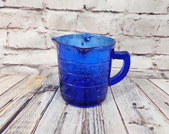 Vintage Cobalt Blue Depression Glass 3 Spout Measuring Cup Embossed Spout