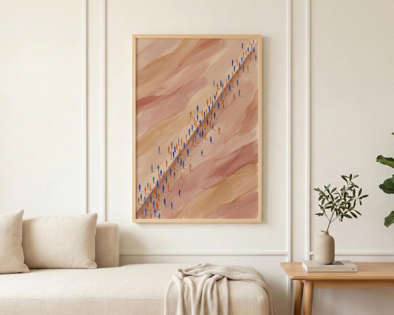 Impressão abstrata em aquarela de uma multidão caminhando, arte em tons terrosos representando o movimento das pessoas, decoração de parede única com fluxo humano. imagem 7