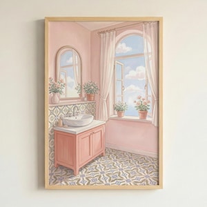 May include: A framed artwork depicts a pastel pink bathroom scene. A vanity with a white sink and a mirror are visible. A large arched window with white curtains reveals a blue sky with clouds. Potted flowers and patterned tile add detail.