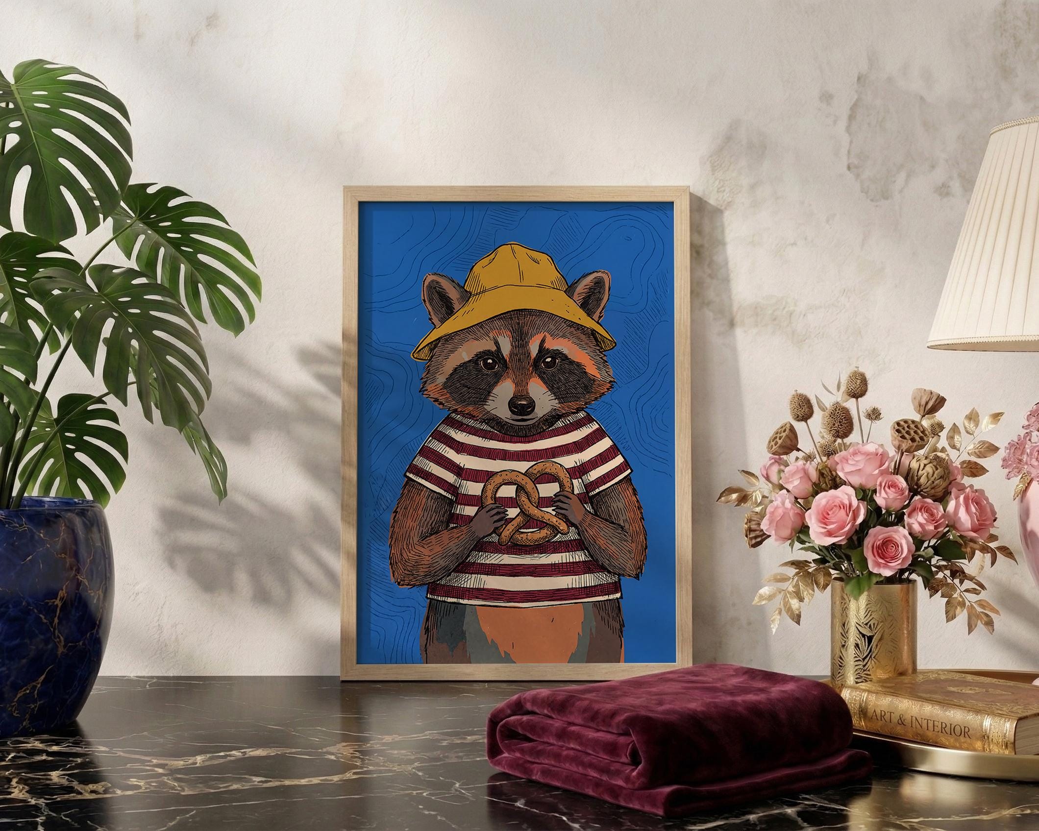 Charming Raccoon Poster in Striped Shirt With Pretzel, Yellow Hat Art ...