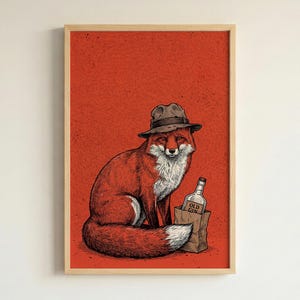 Póster de estilo vintage con un elegante zorro y una vieja botella de ginebra, ideal para decorar bares o estudios.