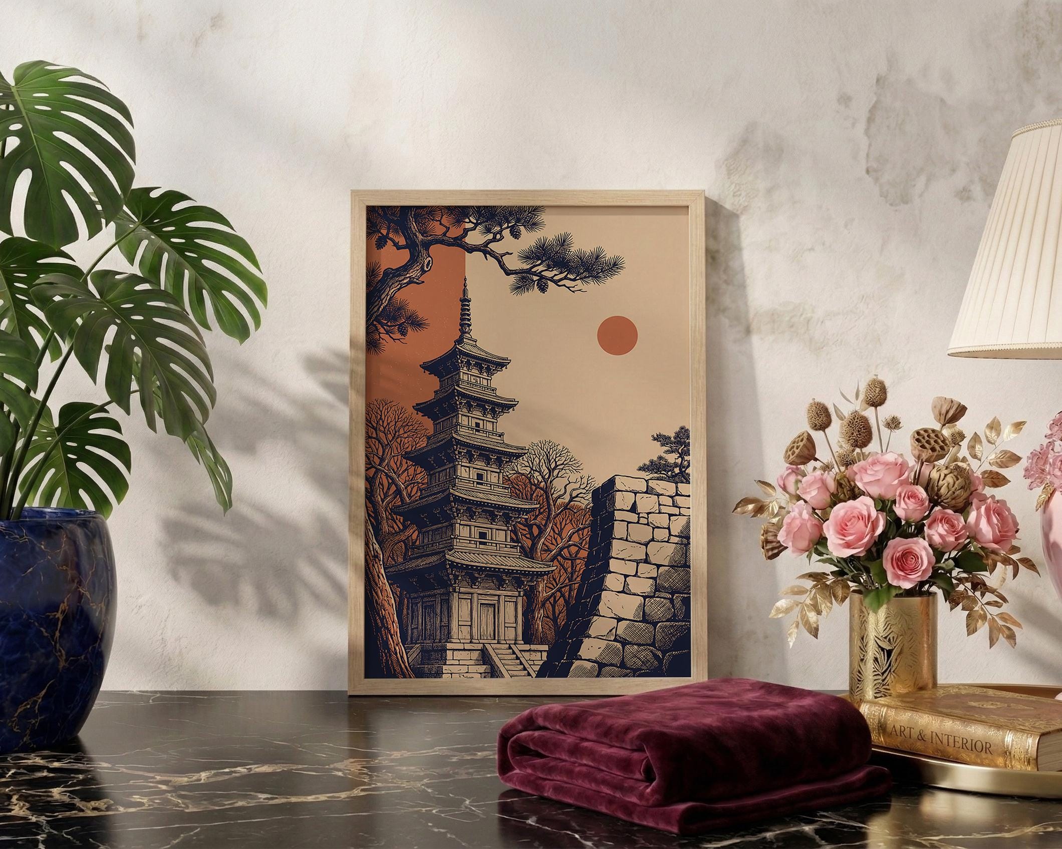 Japanese Pagoda Landscape Art Print With Pine Trees and Stone Wall - Etsy