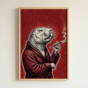 Naked Mole-Rat Smoking in Red Robe Quirky Animal Art Print