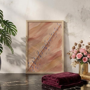 Impressão abstrata em aquarela de uma multidão caminhando, arte em tons terrosos representando o movimento das pessoas, decoração de parede única com fluxo humano. imagem 8