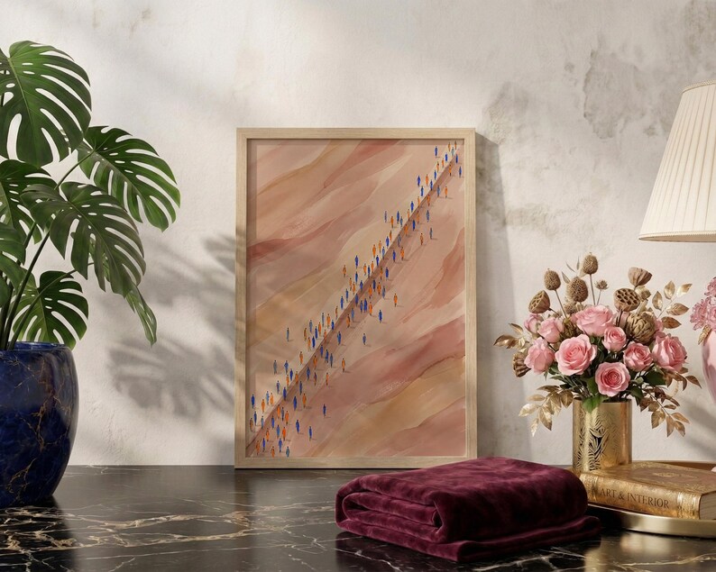 Impressão abstrata em aquarela de uma multidão caminhando, arte em tons terrosos representando o movimento das pessoas, decoração de parede única com fluxo humano. imagem 8