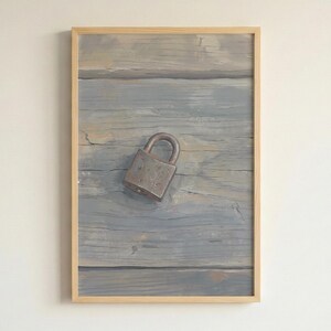 Rusty Old Padlock Print on Weathered Wood Plank Wall Art, Rustic Industrial Decor, Unique Textured Artwork