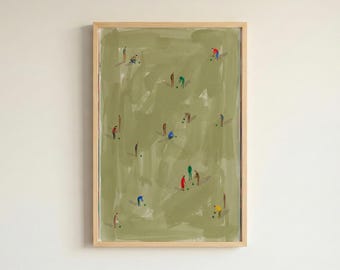 Impressão minimalista de jardineiros em campo verde, pôster figurativo de cena de plantio.