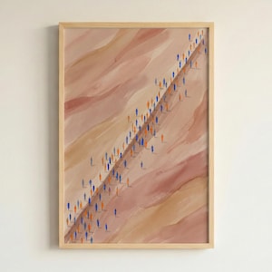 Impressão abstrata em aquarela de uma multidão caminhando, arte em tons terrosos representando o movimento das pessoas, decoração de parede única com fluxo humano. imagem 1