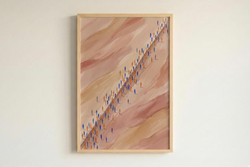Impressão abstrata em aquarela de uma multidão caminhando, arte em tons terrosos representando o movimento das pessoas, decoração de parede única com fluxo humano. imagem 1